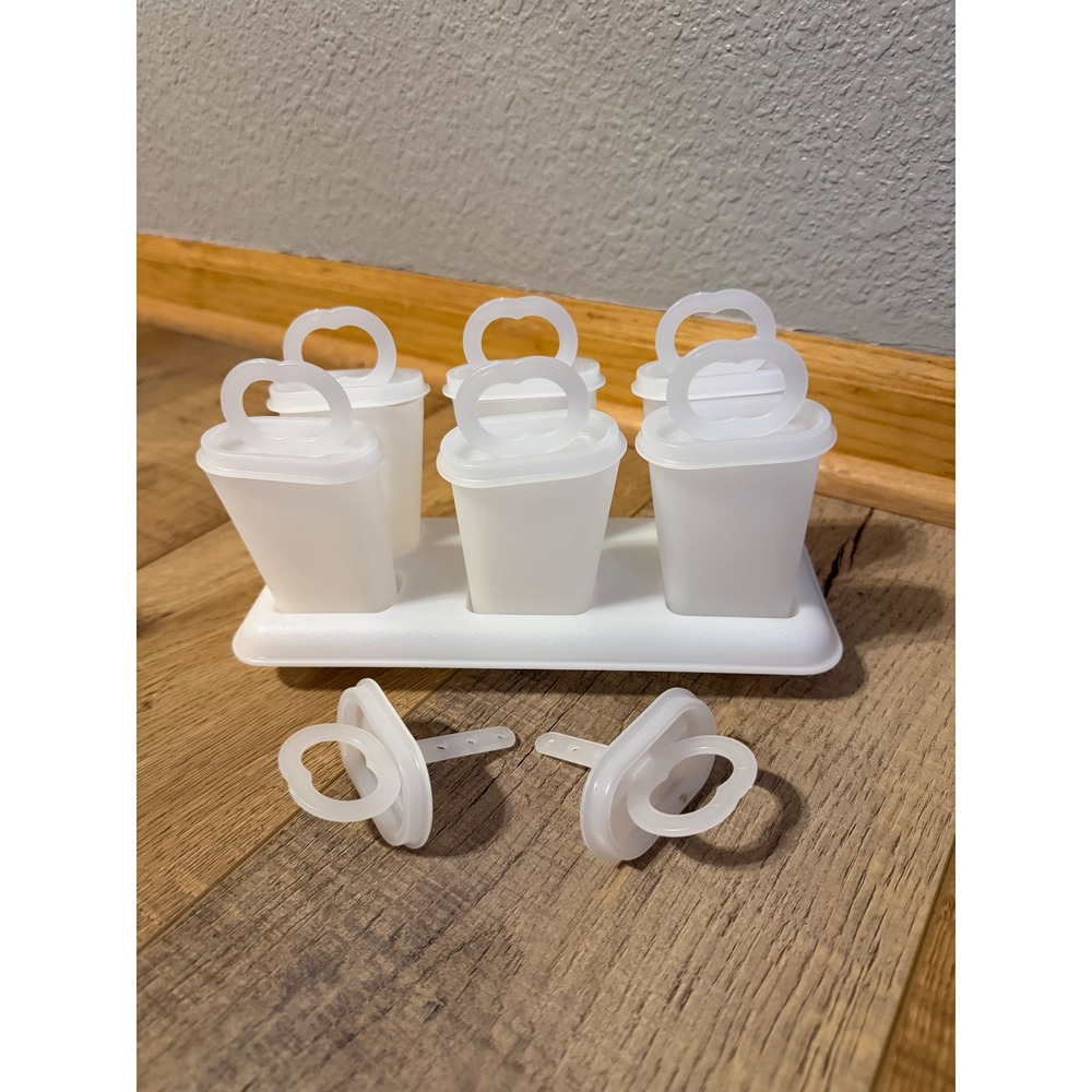 Tupperware Ice Tups Popsicle Mold Set White 6 Molds Tray 8 Handles Vintage